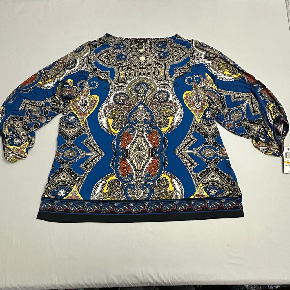 Alfani Top Womens 3X Blouse Balloon Sleeve Paisley Stretch Art To Wear Blue Plus